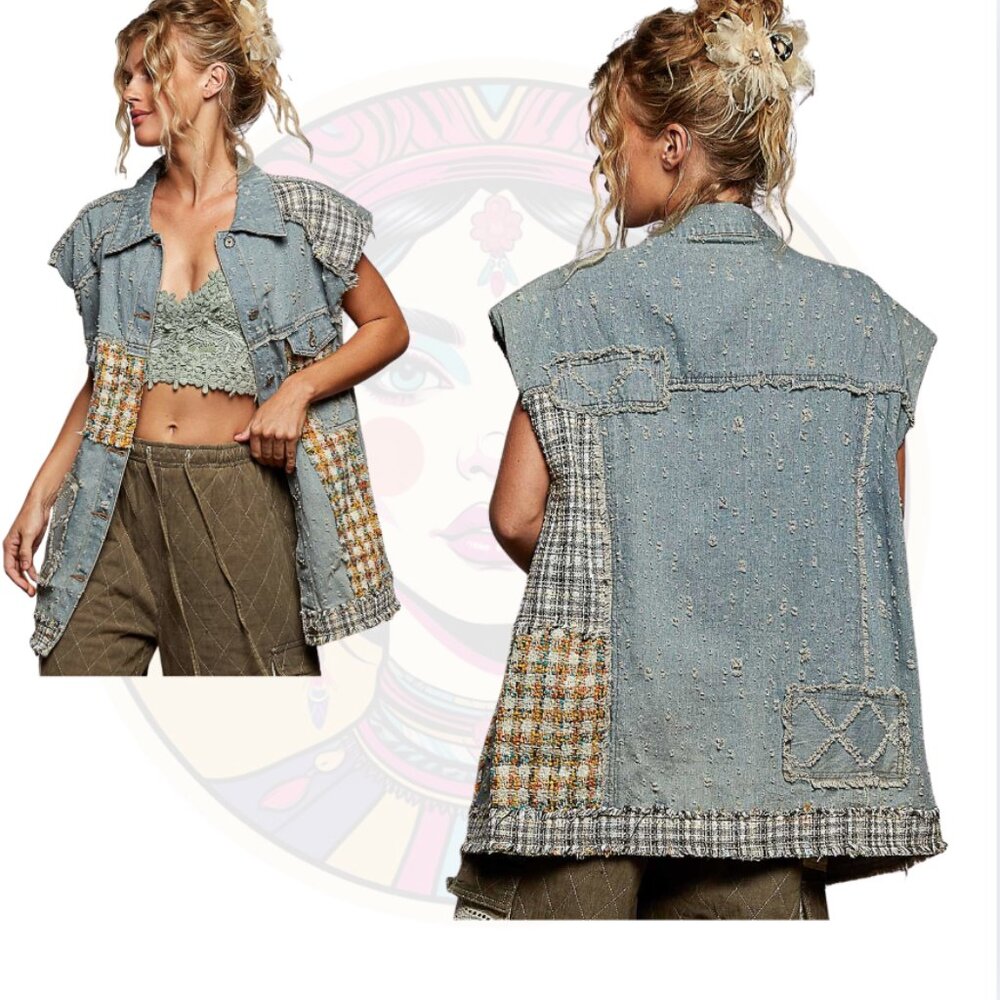 POL Blue and Gray Patchwork Vest - Picture 3 of 3